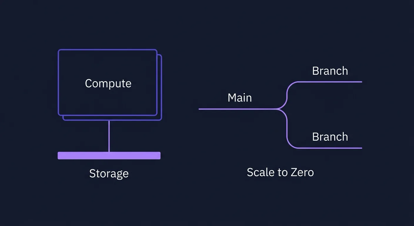 Neon serverless Postgres mimarisi diyagramı: storage ve compute ayrımı, scale-to-zero ve copy-on-write branching yapısı